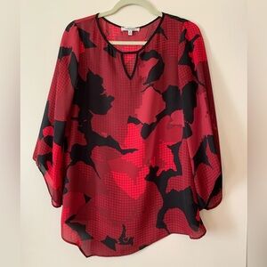 Quintessential Women Tunic Red Black Print Asymmetrical Semi Sheer 3/4 Sleeve M